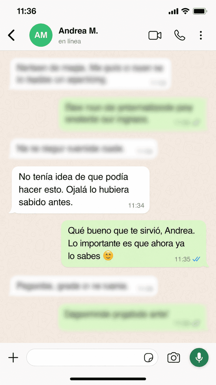 Testimonio de Andrea M. por WhatsApp: "No tenía idea de que podía hacer esto. Ojalá lo hubiera sabido antes."